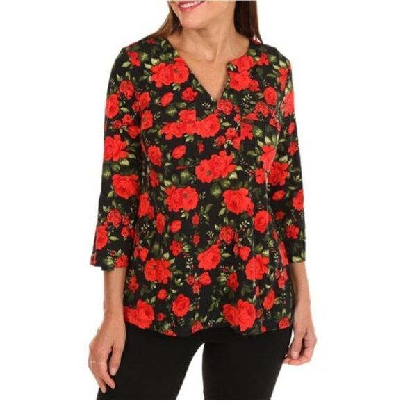 Carolyn‎ Taylor "Carnation Floral" 3/4 Sleeve Roll Tab Blouse Size M - Picture 1 of 5